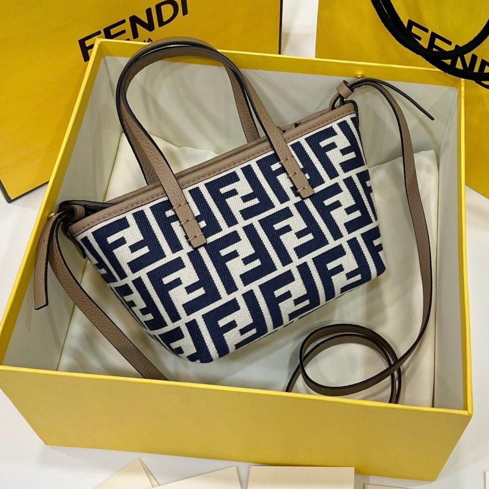 Luxury FendiMINI ROLL BAG 15 MIDNIGHT BLUE MIX WHITE FF JACQUARD FABRIC