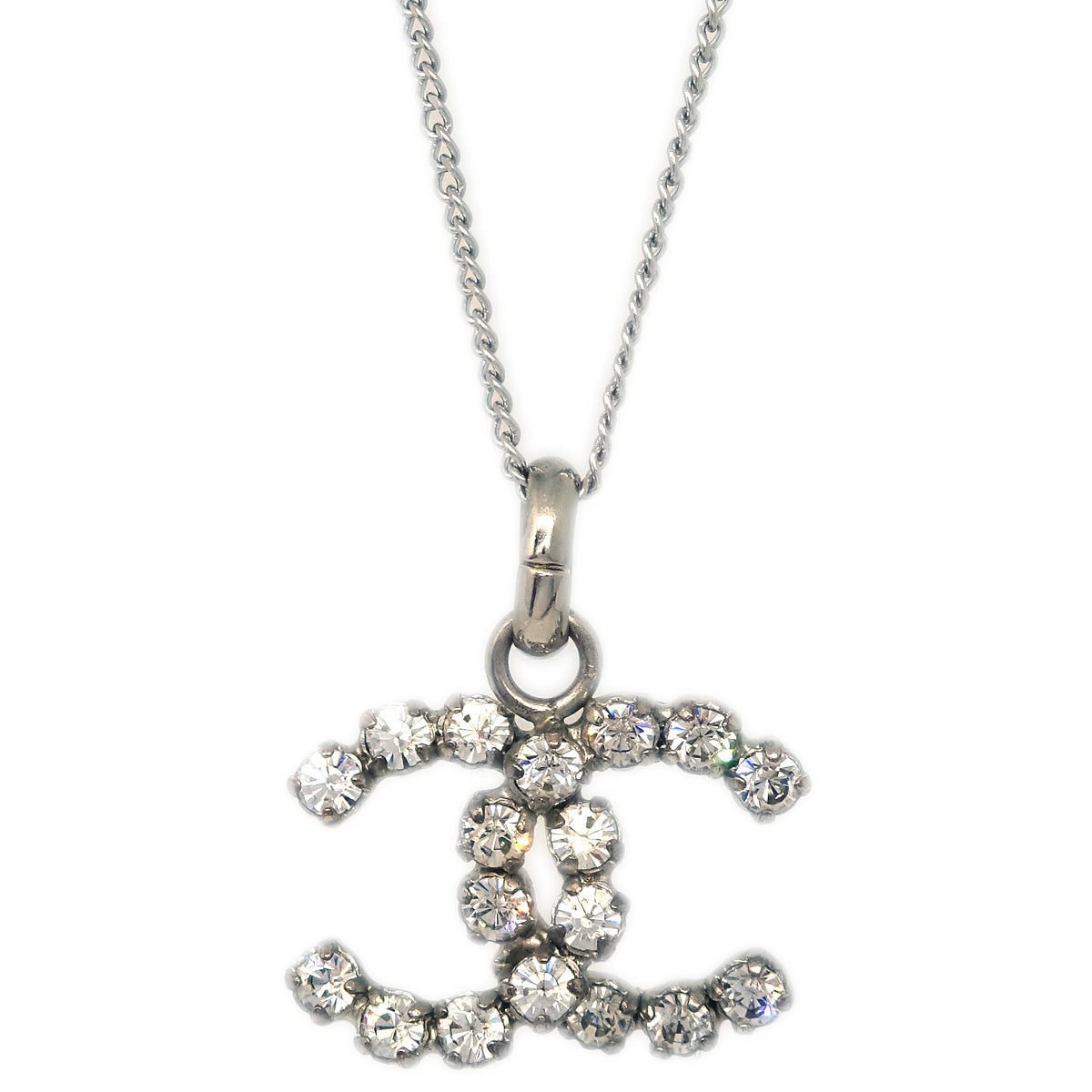 Luxury Chanel Silver Necklace Pendant Rhinestone 00A
