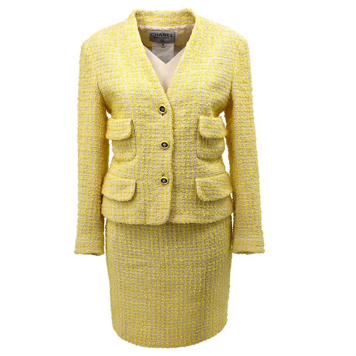 Luxury Chanel Setup Suit Jacket Skirt Yellow 95P #38