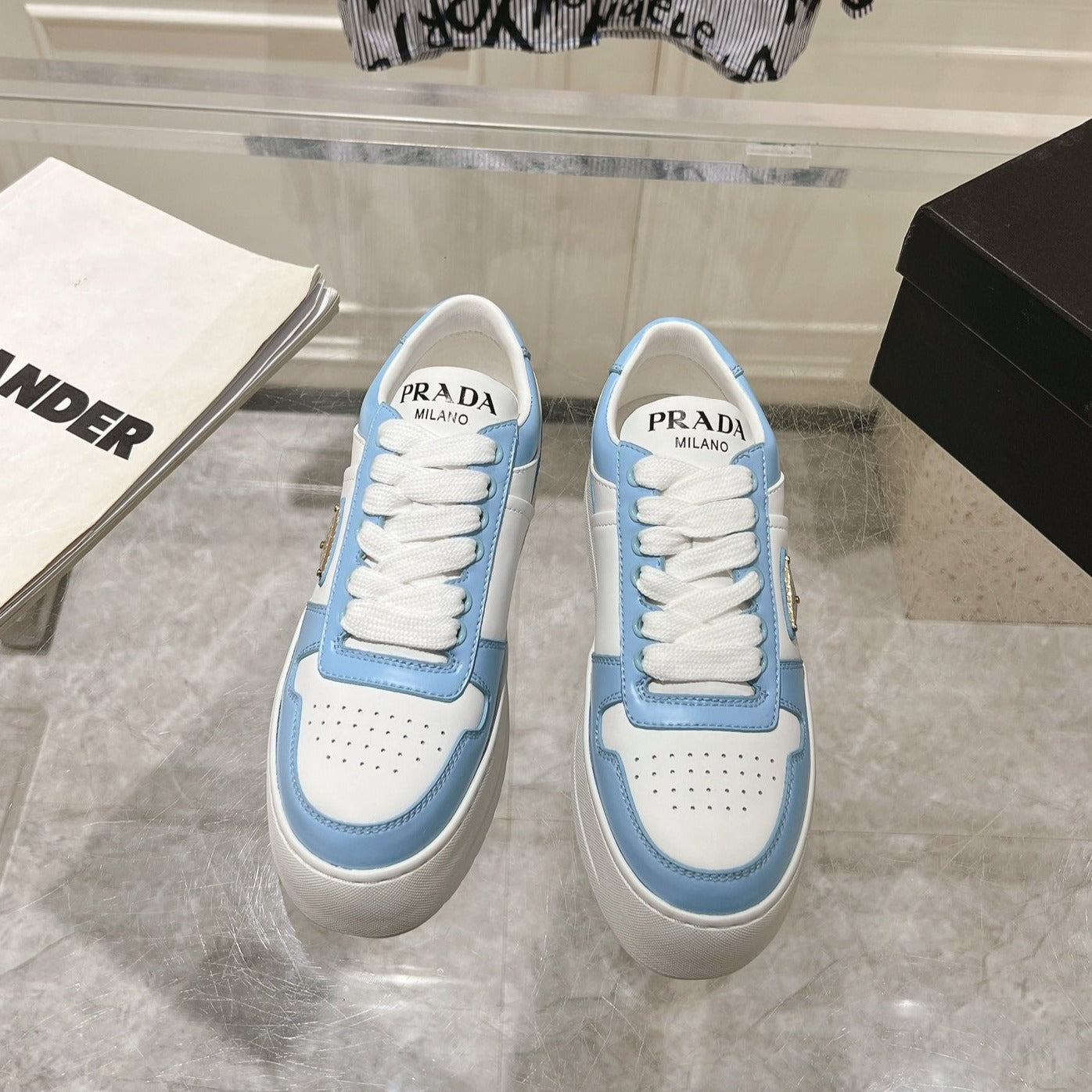 Luxury PradaDOWNTOWN BOLD SNEAKERS WHITE AND SKY CALFSKIN
