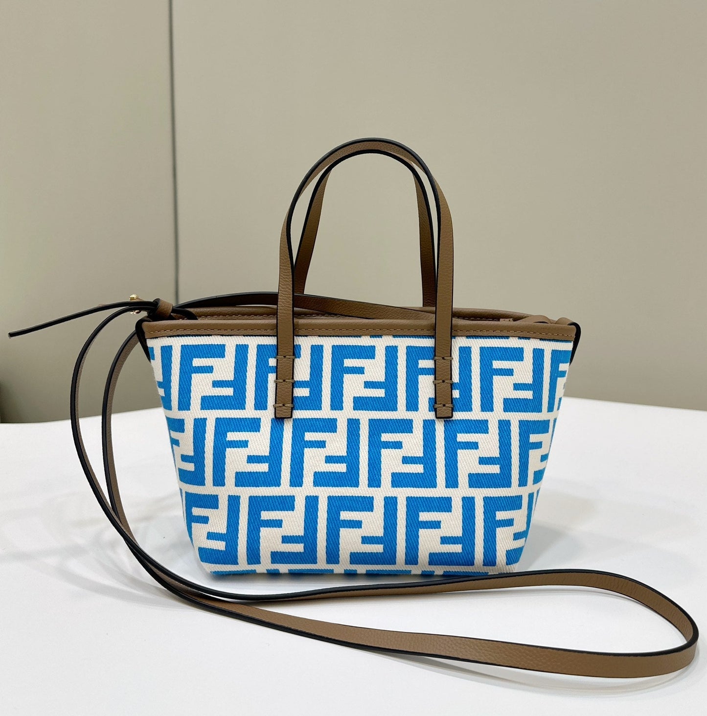 Luxury FendiMINI ROLL BAG 15 OCEAN BLUE MIX WHITE FF JACQUARD FABRIC