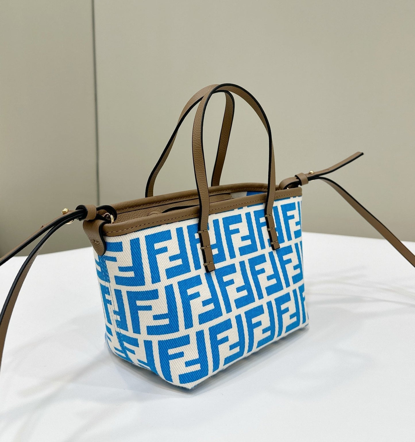 Luxury FendiMINI ROLL BAG 15 OCEAN BLUE MIX WHITE FF JACQUARD FABRIC