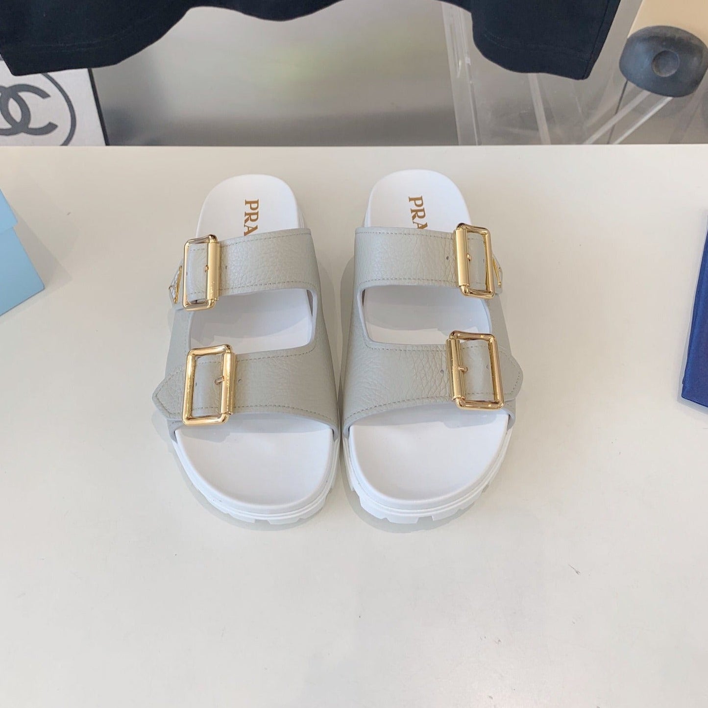 Luxury PradaSTRAP SLIDES SANDALS WHITE AND LIGHT GRAY SUEDE