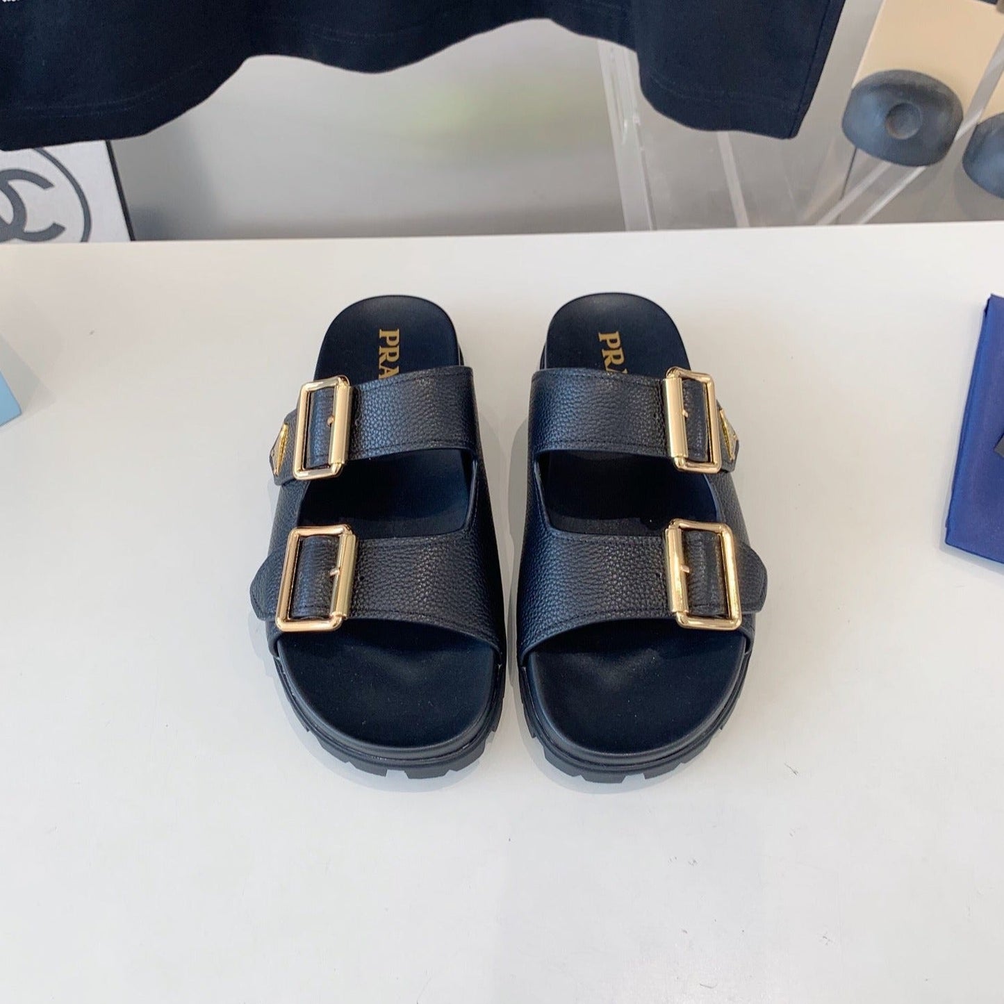 Luxury PradaSTRAP SLIDES SANDALS BLACK LAMBSKIN