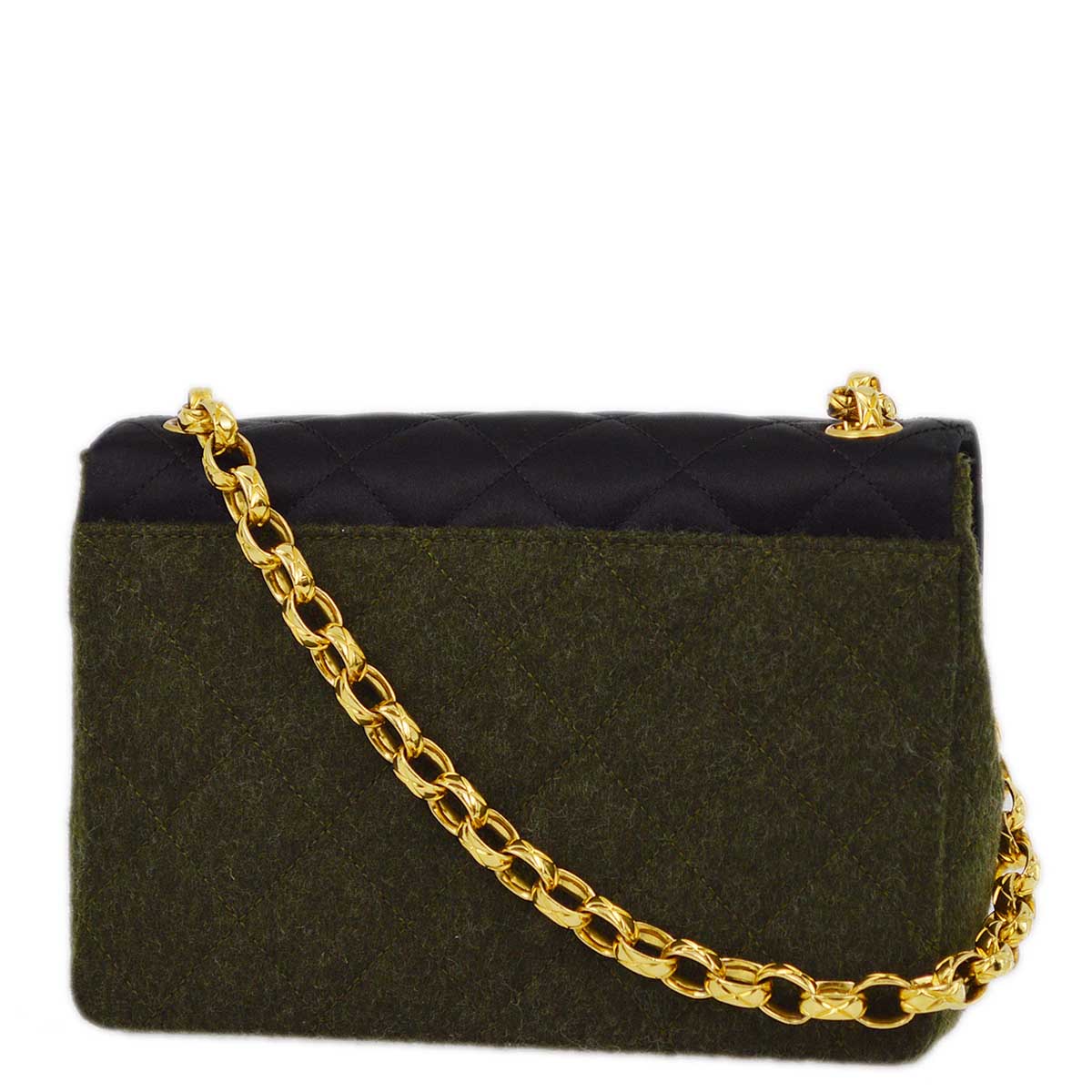 Luxury Chanel 1989-1991 Black Green Satin Felt Straight Flap Shoulder Bag