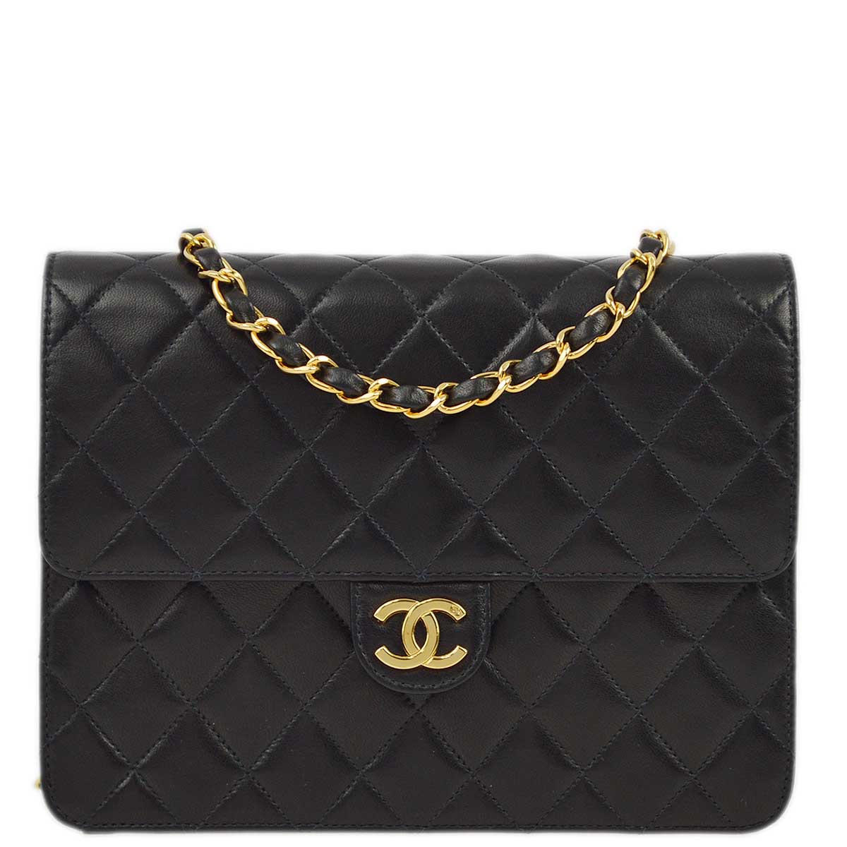 Luxury Chanel 1997-1999 Black Lambskin Pushlock Small Half Flap Shoulder Bag