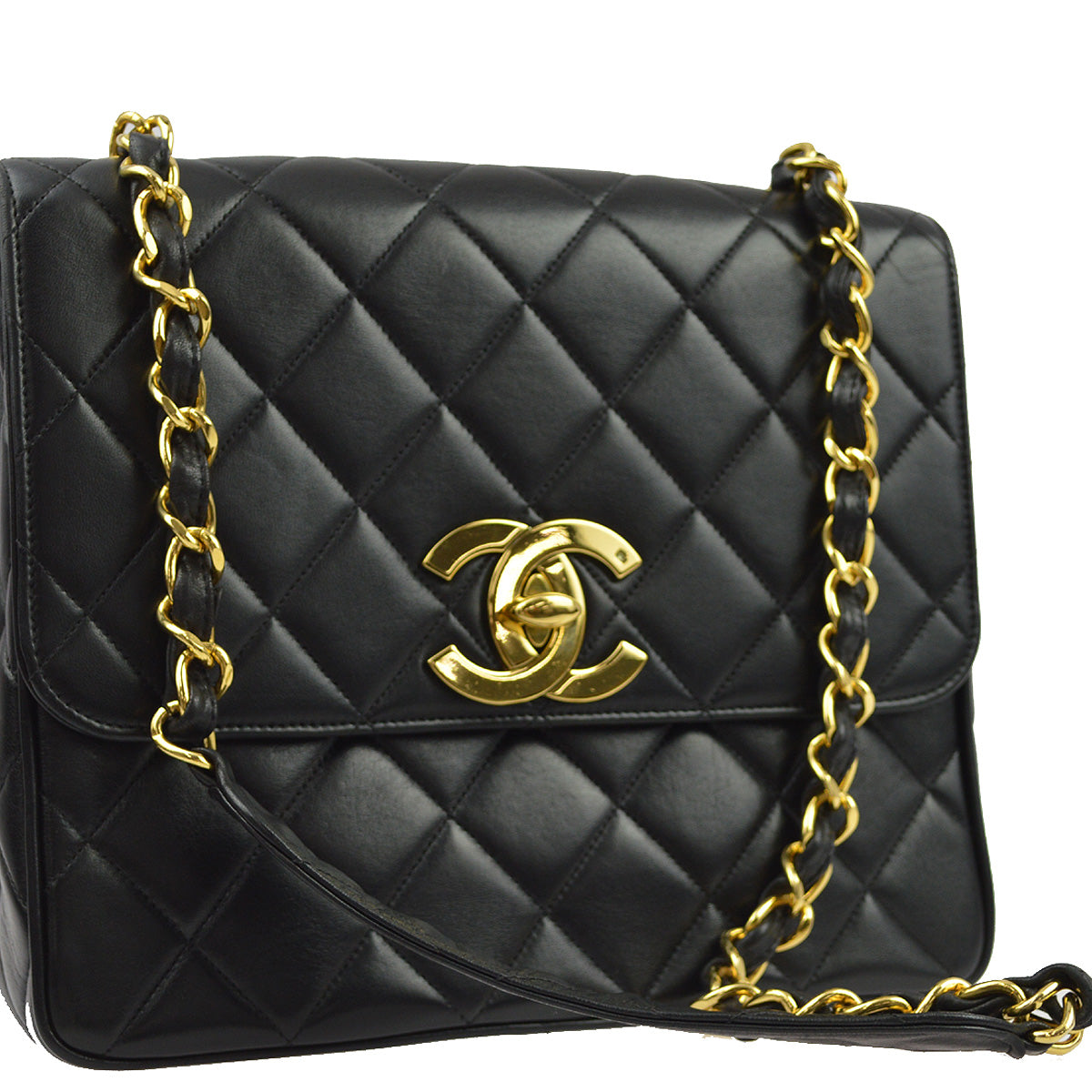 Luxury Chanel 1991-1994 Black Lambskin Straight Flap Chain Shoulder Bag
