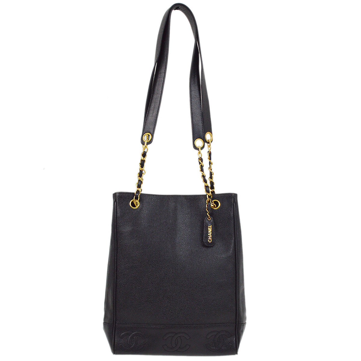 Luxury Chanel 1996-1997 Black Caviar Triple CC Shoulder Tote Bag