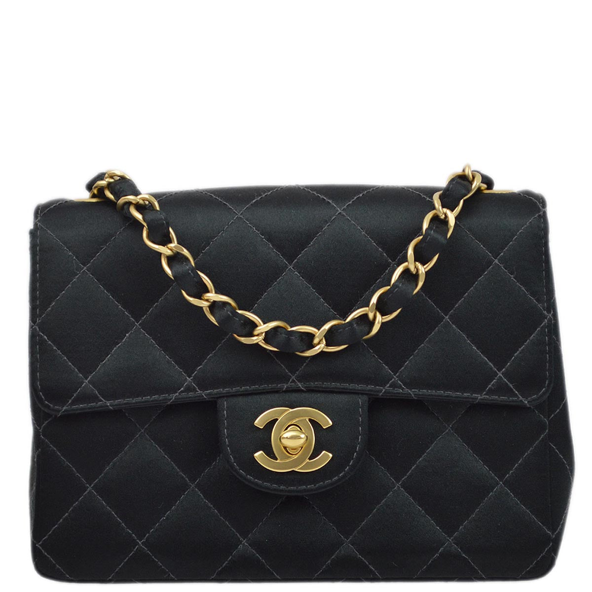 Luxury Chanel 2001-2003 Black Satin Mini Classic Square Flap Shoulder Bag 17