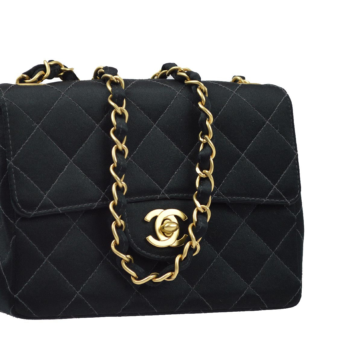 Luxury Chanel 2001-2003 Black Satin Mini Classic Square Flap Shoulder Bag 17