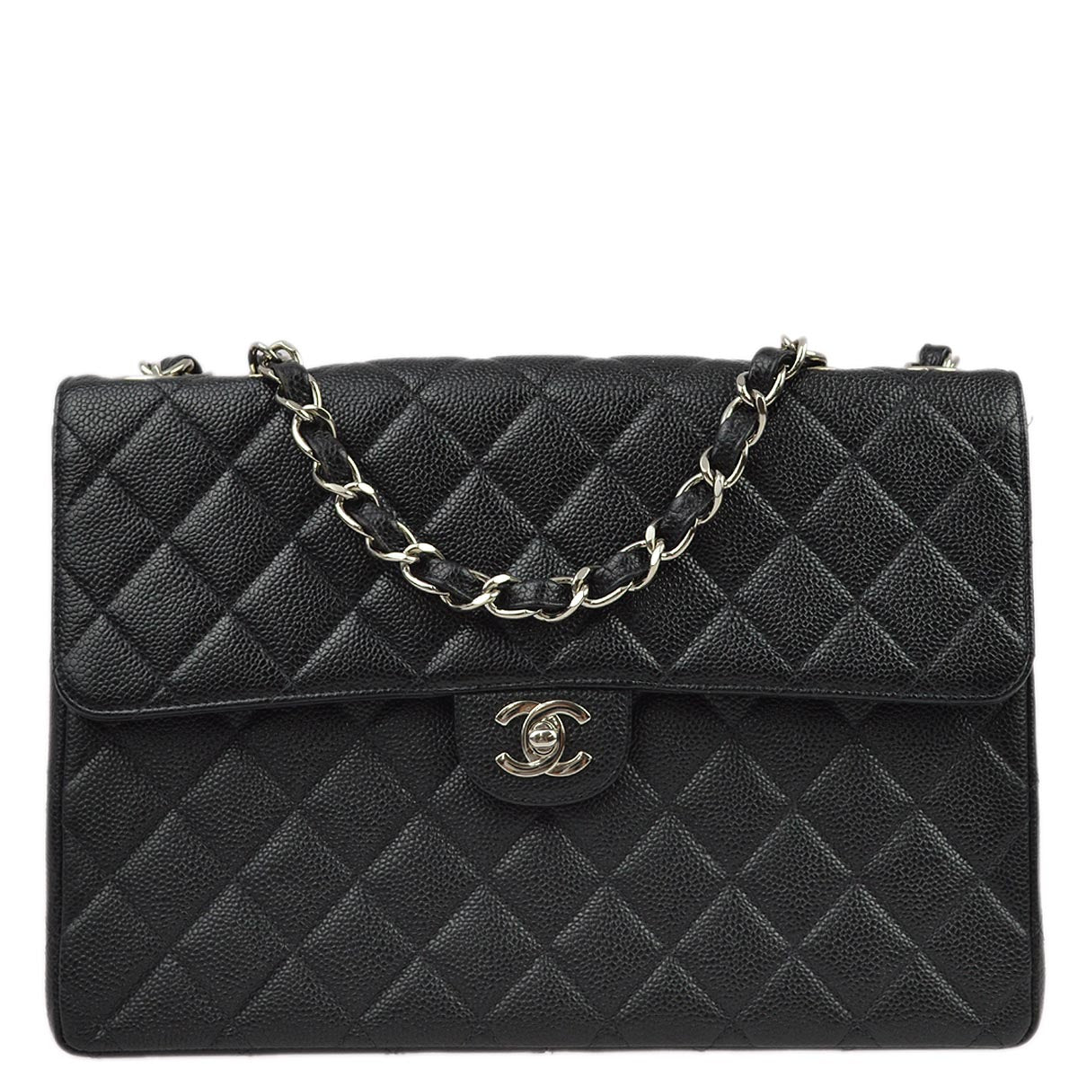 Luxury Chanel 2001-2003 Black Caviar Jumbo Classic Flap Shoulder Bag