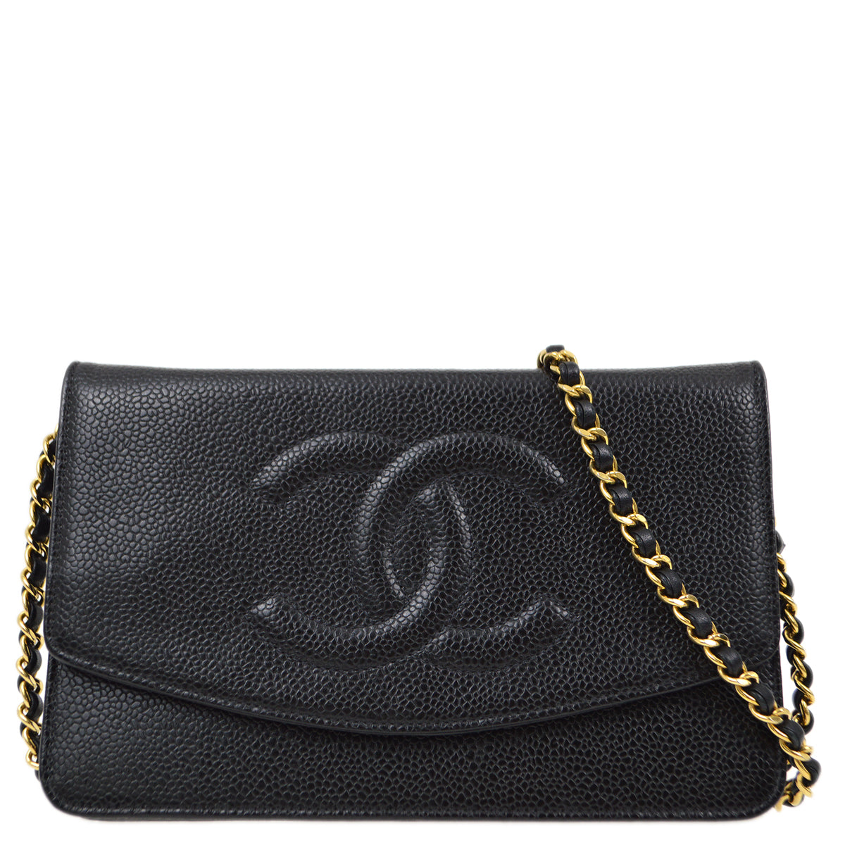 Luxury Chanel 2000-2001 Black Caviar WOC Chain Shoulder Wallet Bag