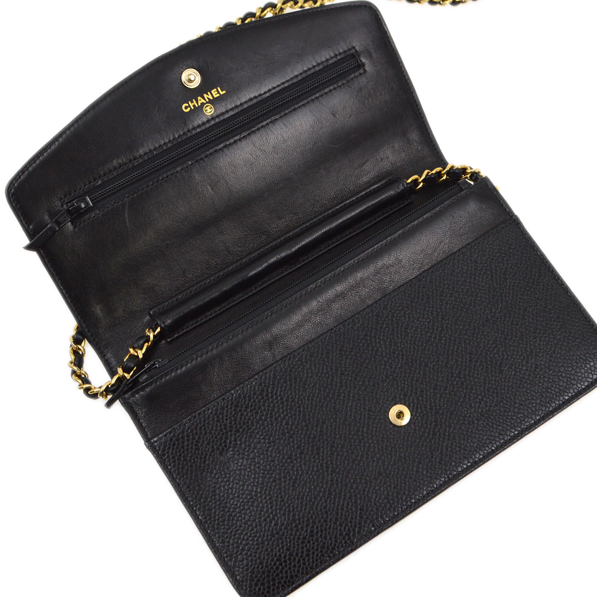 Luxury Chanel 2000-2001 Black Caviar WOC Chain Shoulder Wallet Bag