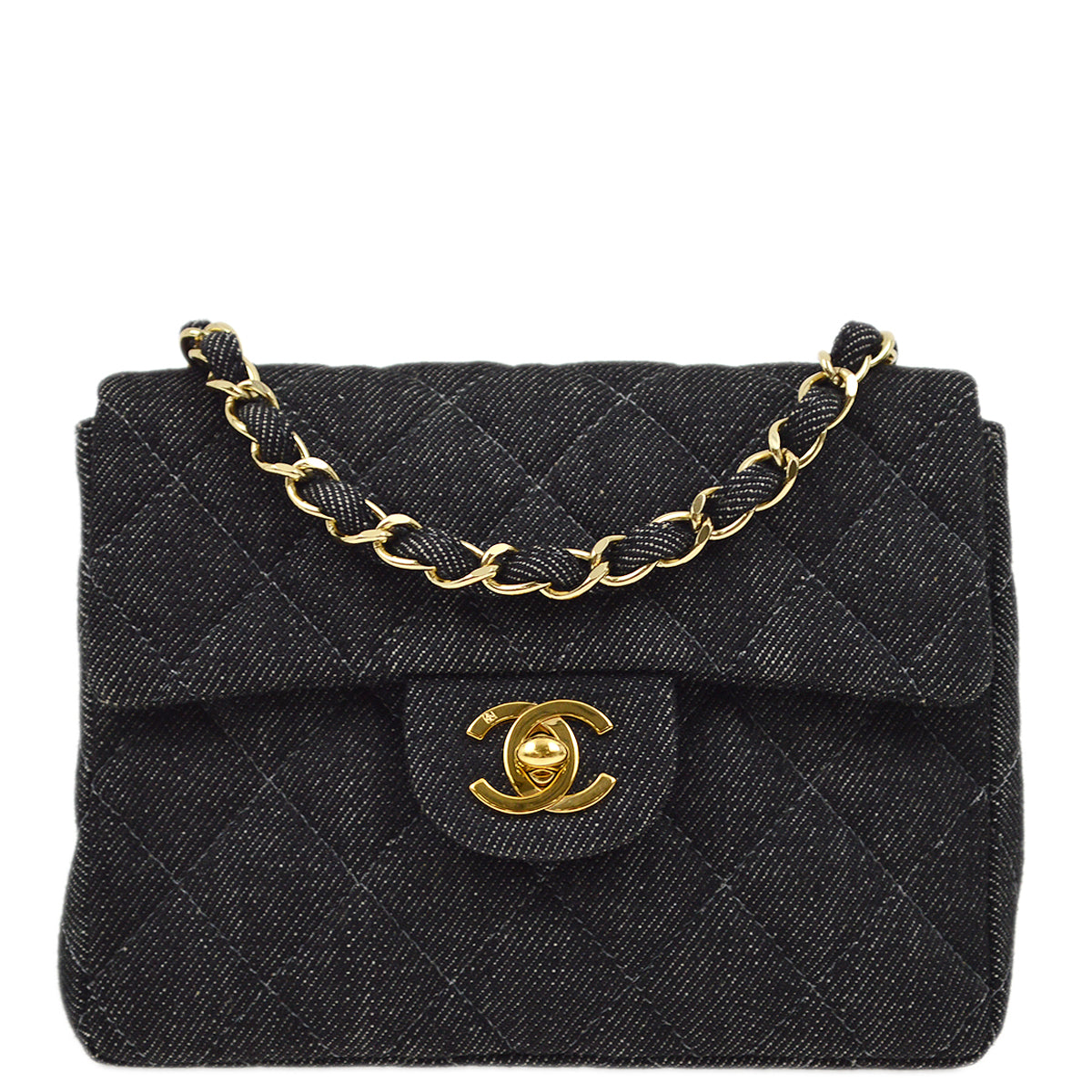 Luxury Chanel 2000-2001 Black Denim Mini Classic Square Flap Shoulder Bag 17