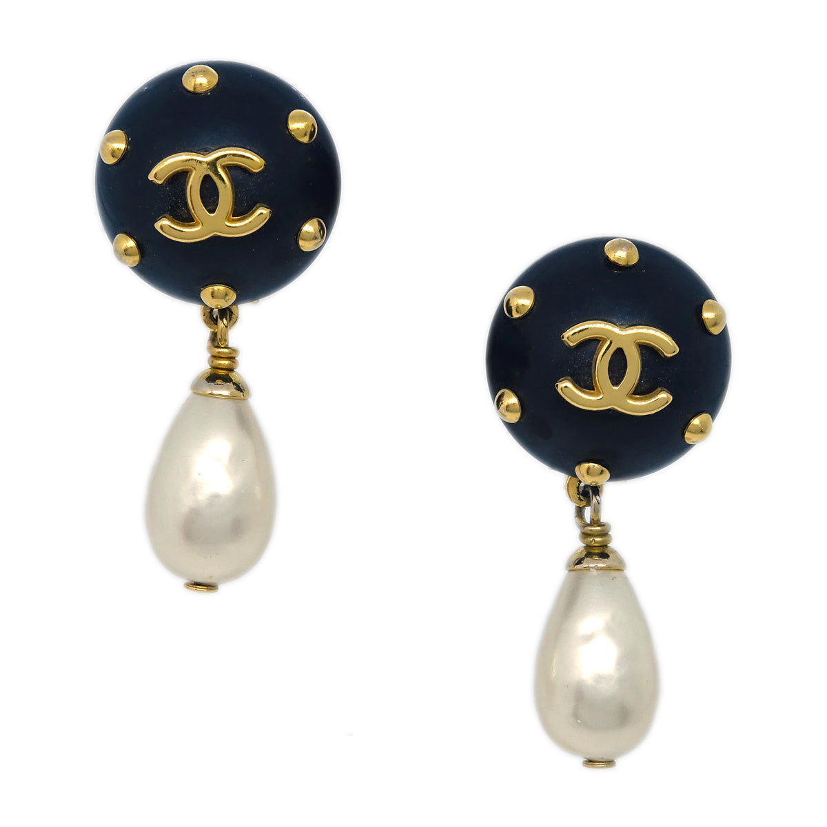 Luxury Chanel Costume Pearl Dangle Earrings Clip-On Gold 96C