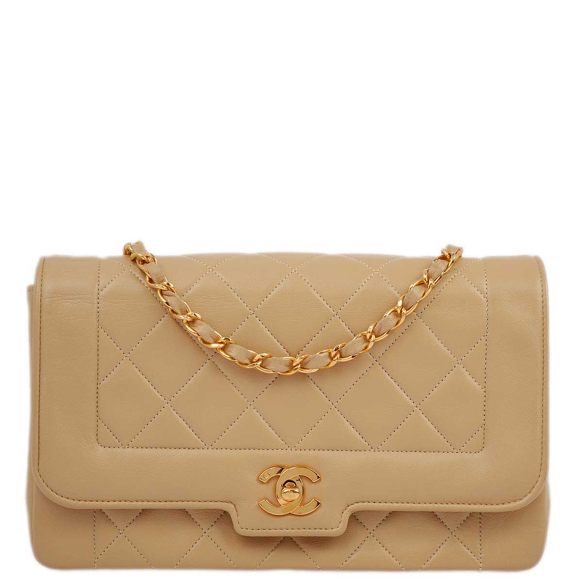 Luxury Chanel 1989-1991 Beige Lambskin Border Flap Shoulder Bag Medium