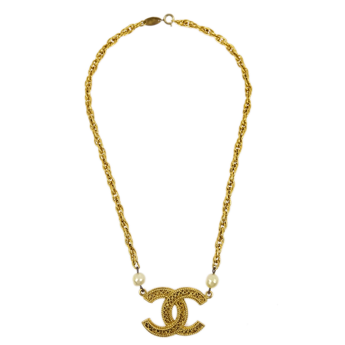 Luxury Chanel Gold CC Pendant Costume Pearl Necklace