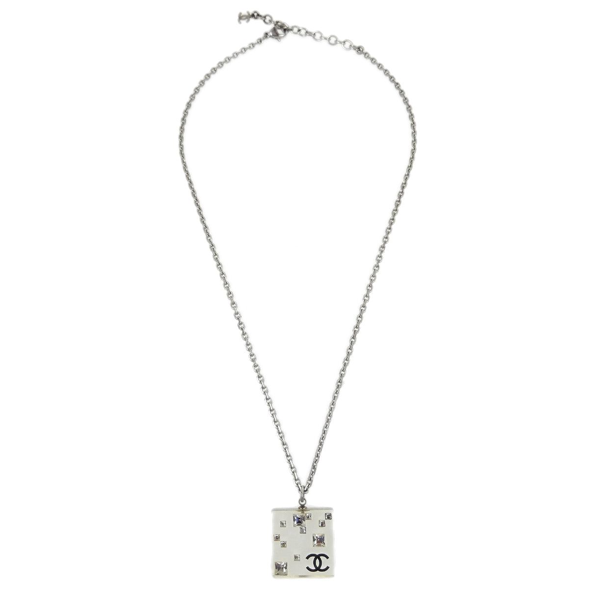 Luxury Chanel Silver Square Necklace Pendant Rhinestone 05A
