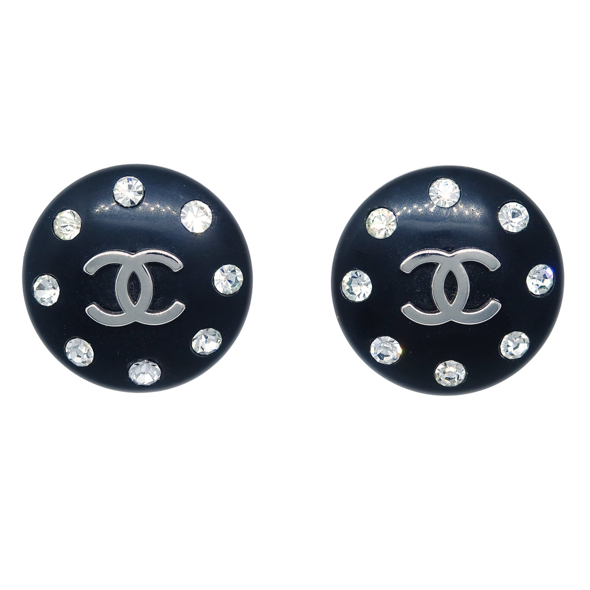 Luxury Chanel Button Earrings Clip-On Rhinestone Black 96P