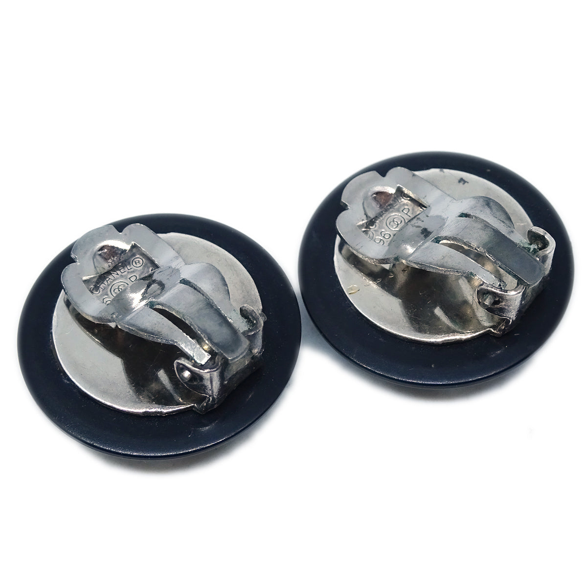 Luxury Chanel Button Earrings Clip-On Rhinestone Black 96P