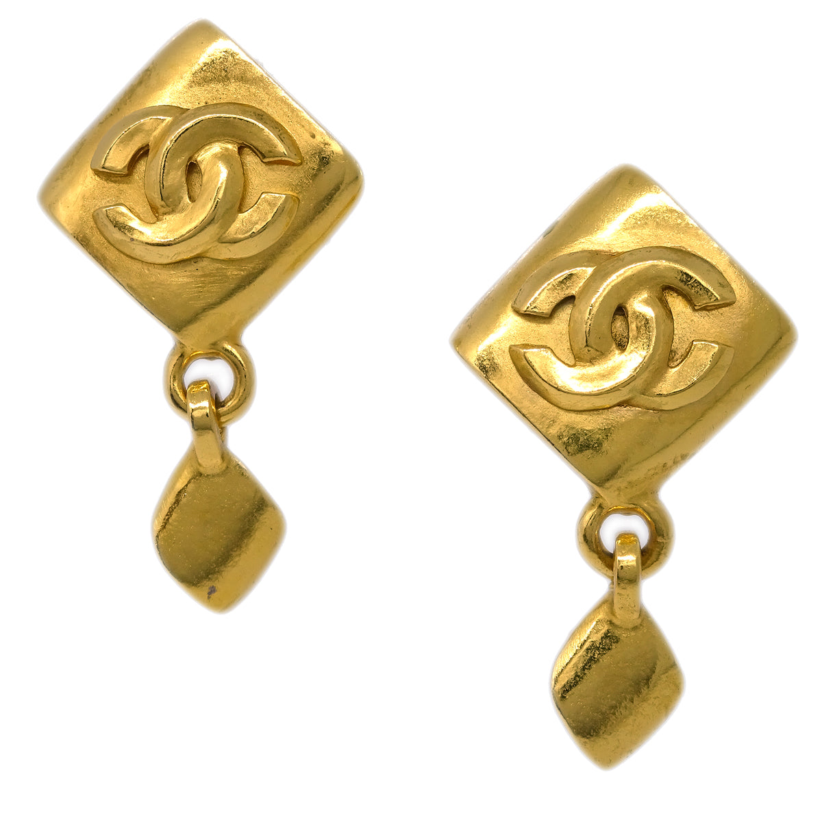 Luxury Chanel Rhombus Dangle Earrings Clip-On Gold 96P