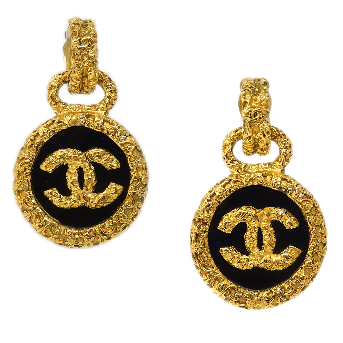 Luxury Chanel Hoop Dangle Earrings Clip-On Gold 93A