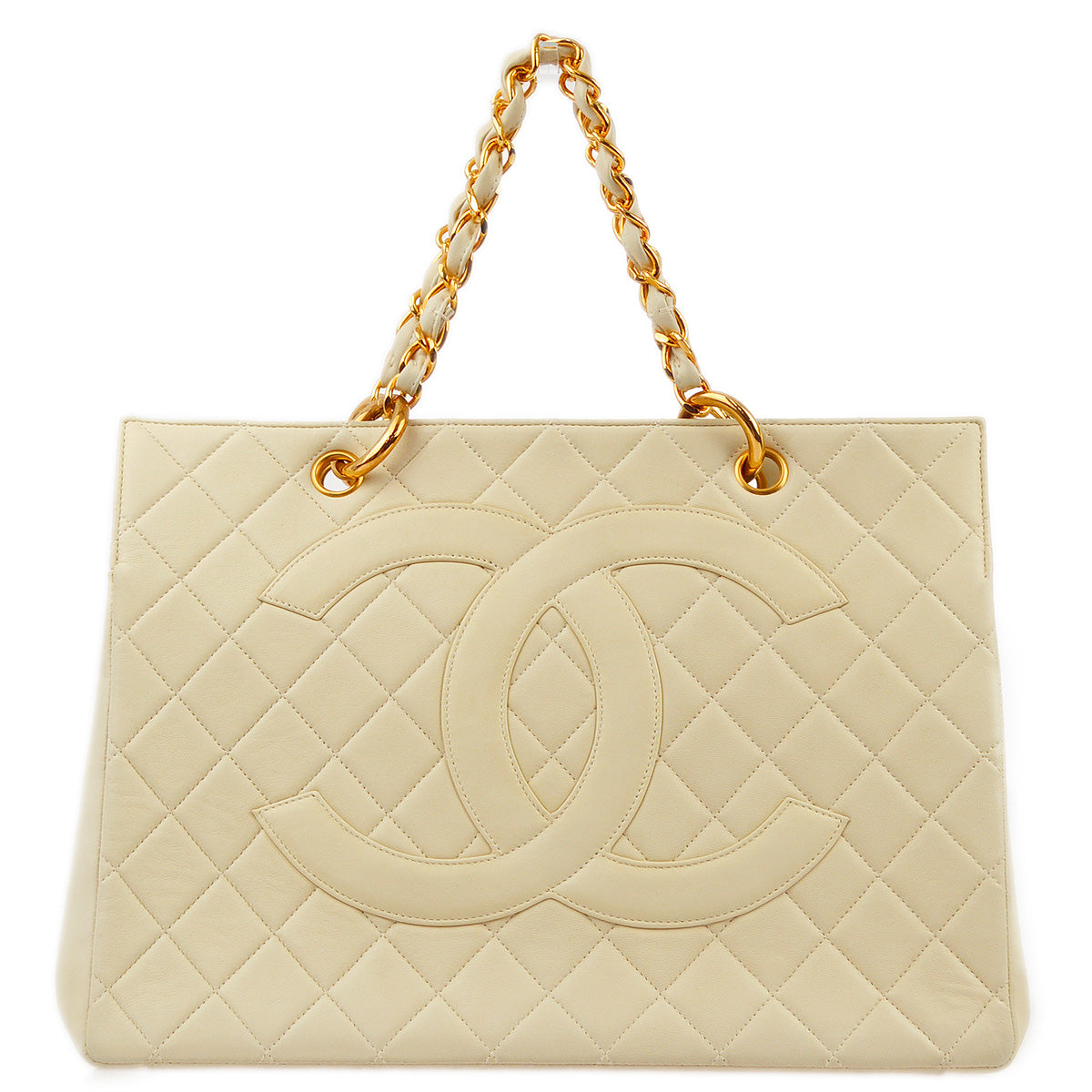 Luxury Chanel 1996-1997 Ivory Lambskin Chain Tote Handbag