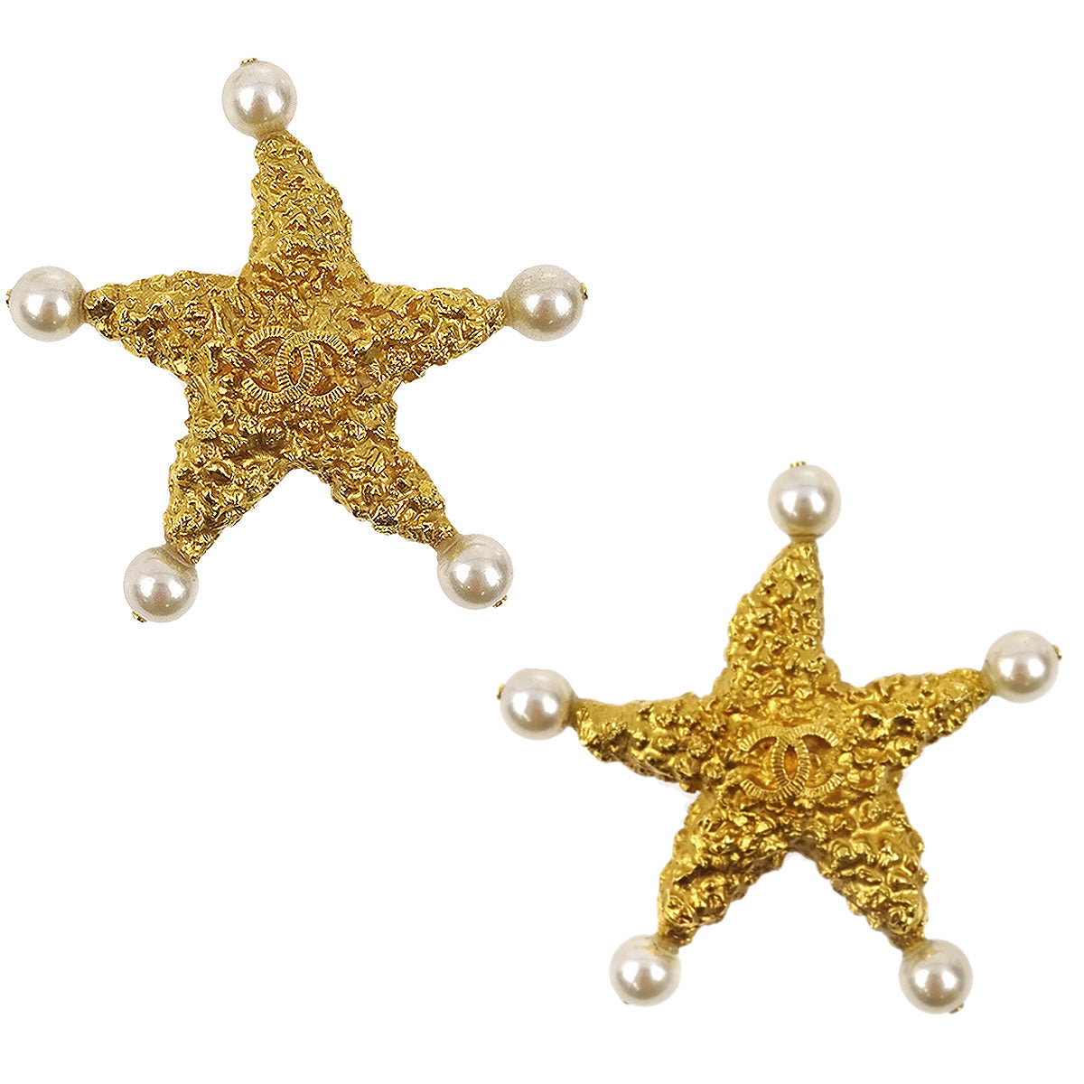 Luxury Chanel Costume Pearl Star Clip-On Earrings Gold 93C