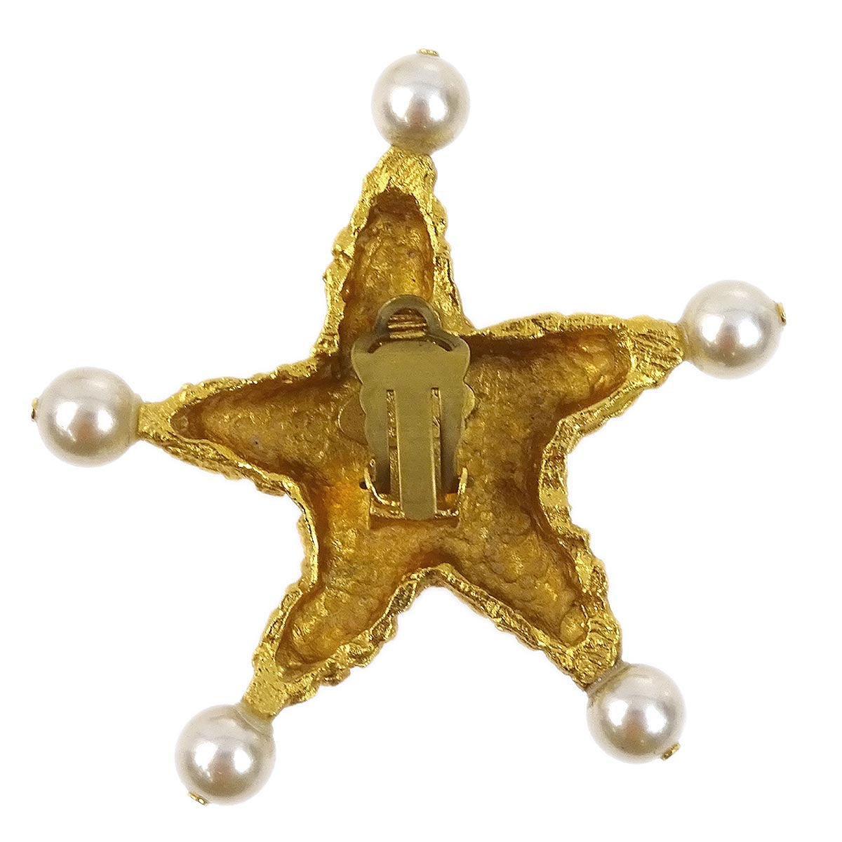 Luxury Chanel Costume Pearl Star Clip-On Earrings Gold 93C