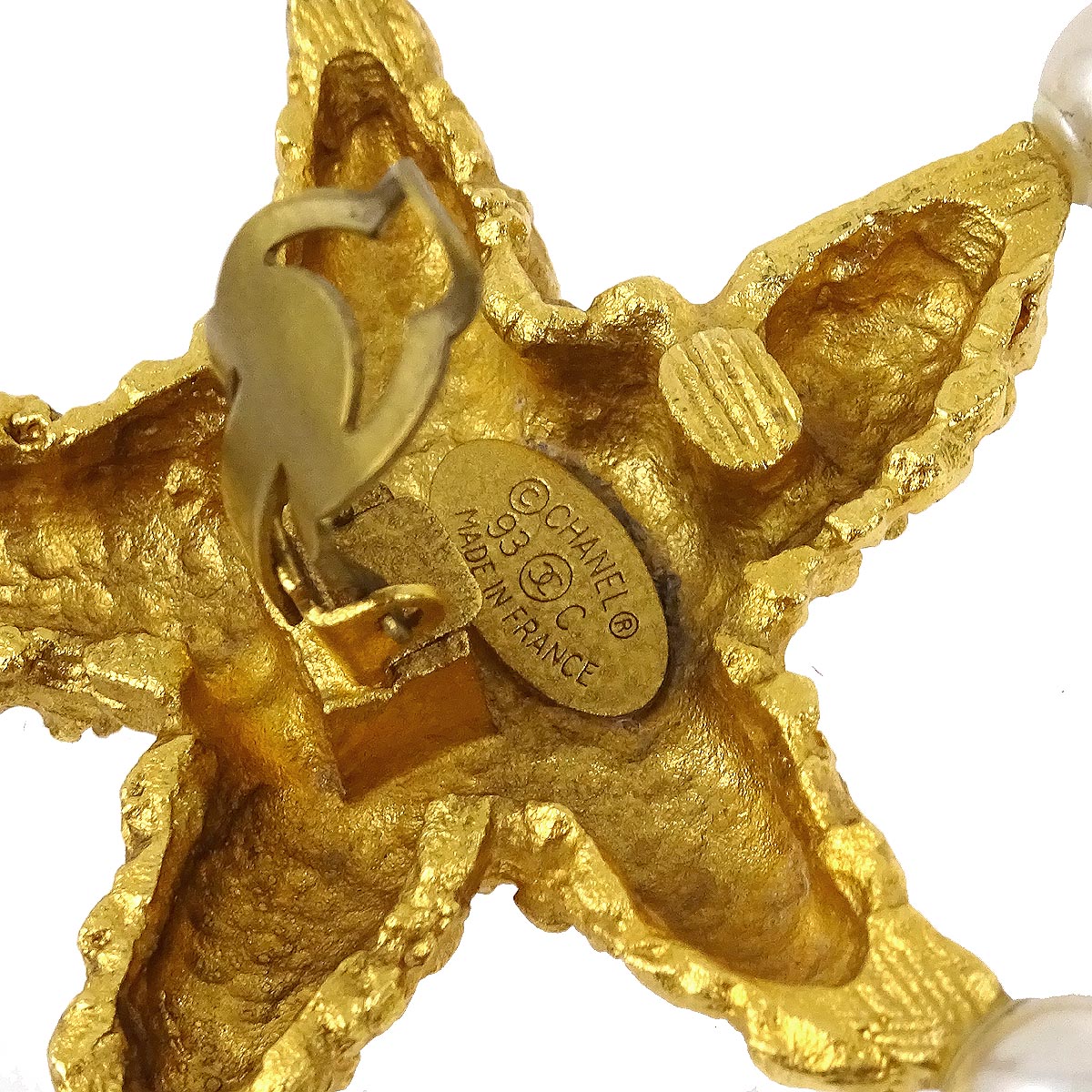 Luxury Chanel Costume Pearl Star Clip-On Earrings Gold 93C