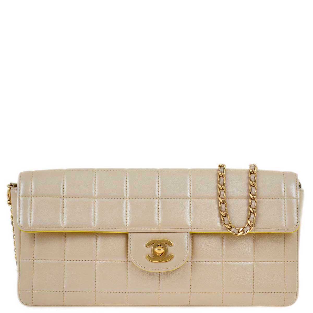 Luxury Chanel 2000-2001 Metallic Beige Lambskin East West Choco Bar Chain Shoulder Bag