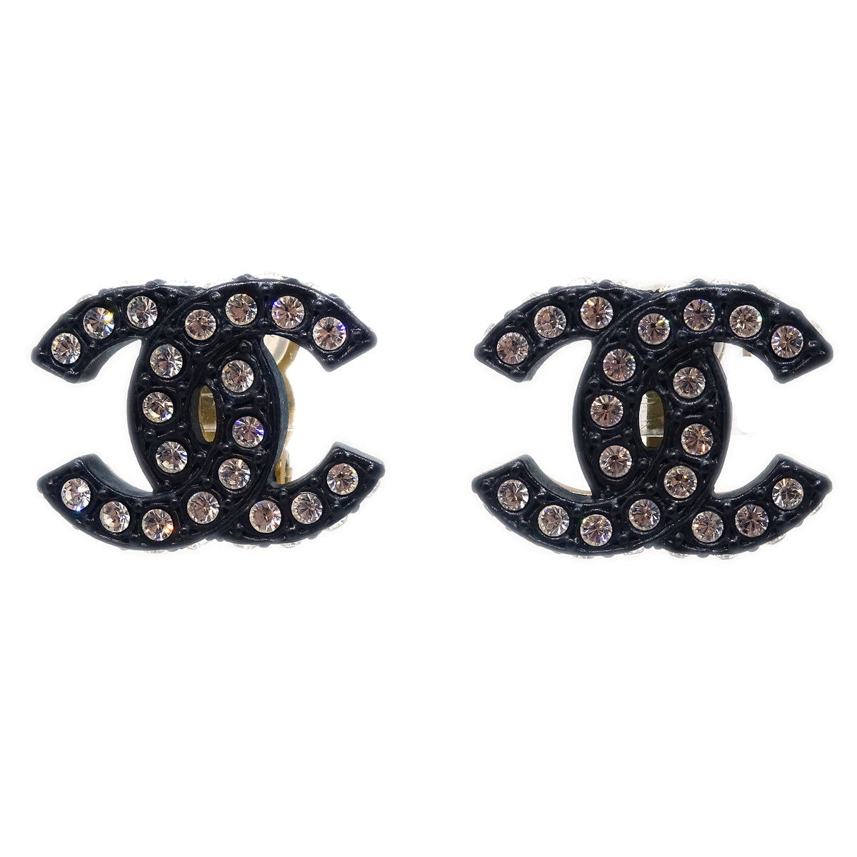 Luxury Chanel Black CC Earrings Rhinestone Clip-On 02A