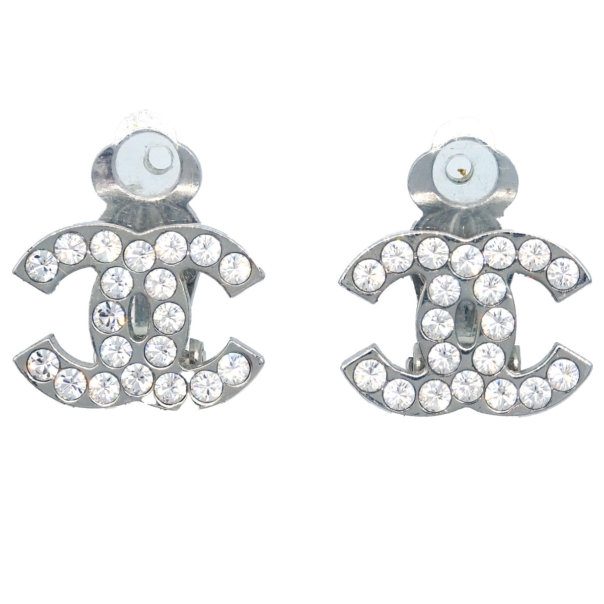 Luxury Chanel CC Rhinestone Earrings Clip-On Silver 06V