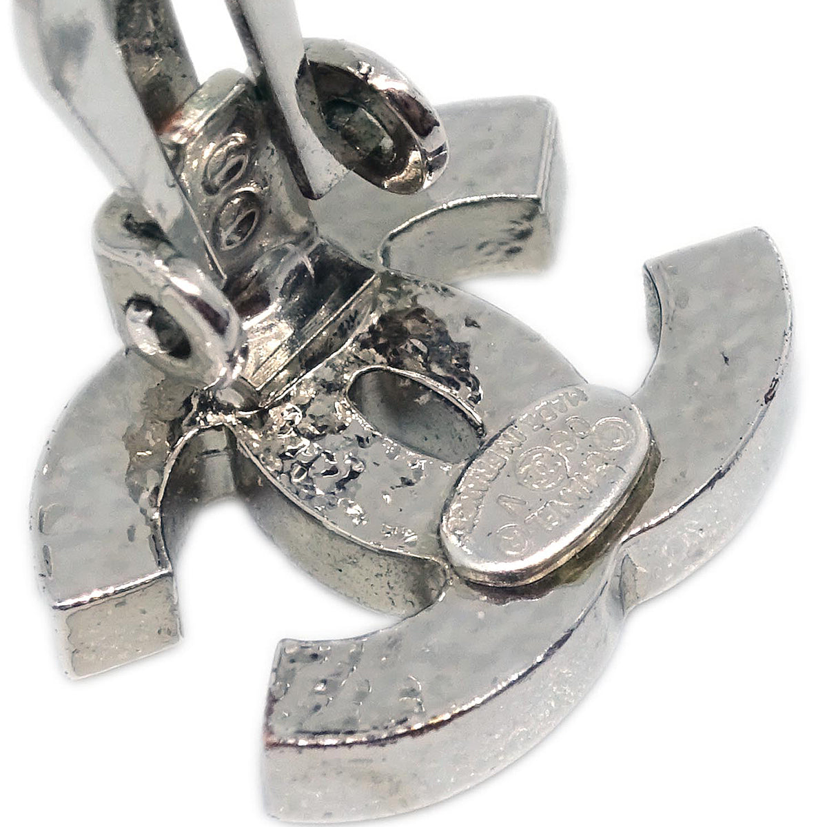 Luxury Chanel CC Rhinestone Earrings Clip-On Silver 06V