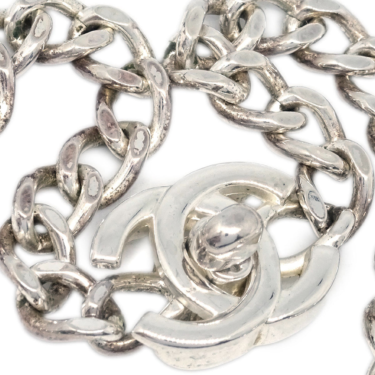 Luxury Chanel Turnlock Chain Pendant Necklace Silver 97P