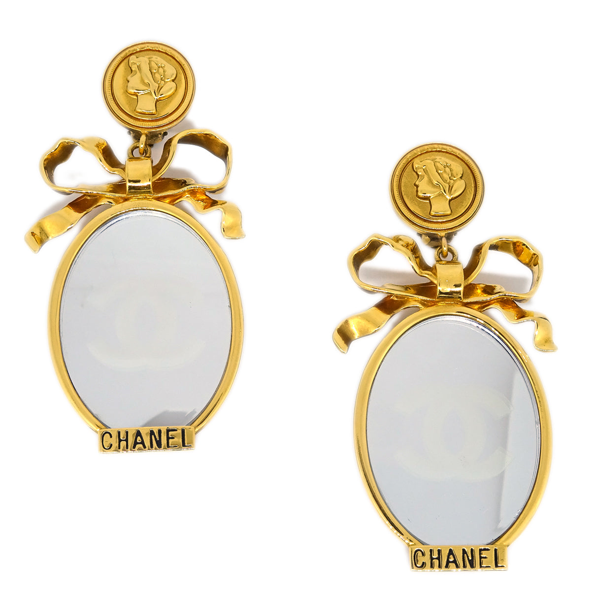 Luxury Chanel Mirror Earrings Clip-On Gold