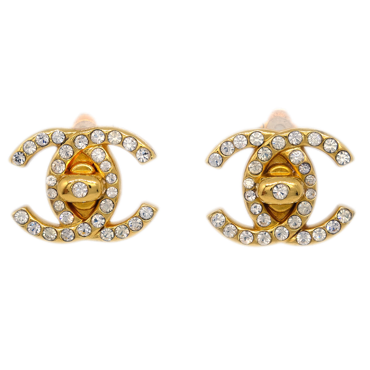 Luxury Chanel Gold CC Turnlock Earrings Rhinestone Clip-On 96A