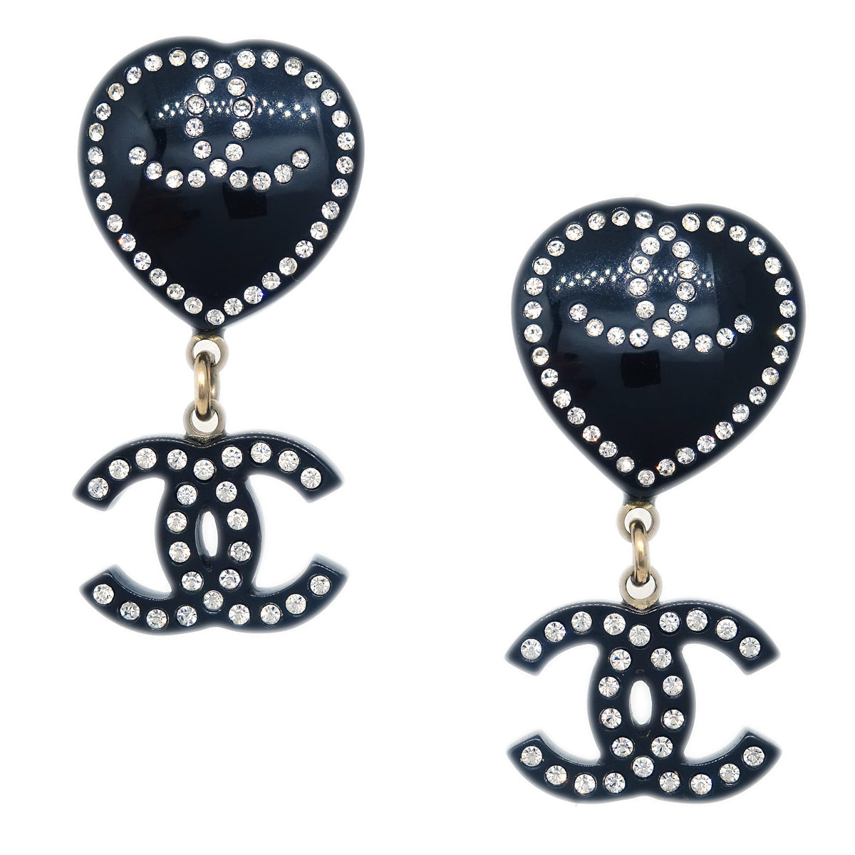 Luxury Chanel Rhinestone Heart Dangle Earrings Clip-On Black 09C