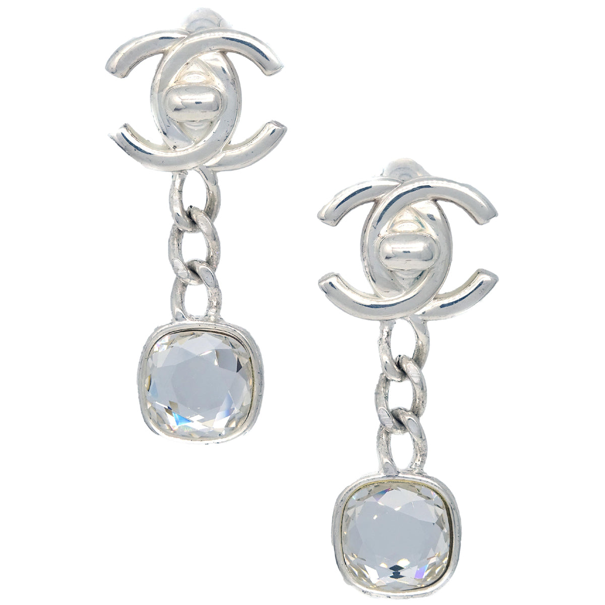 Luxury Chanel Dangle Turnlock Earrings Clip-On Silver Rhinestone 97A