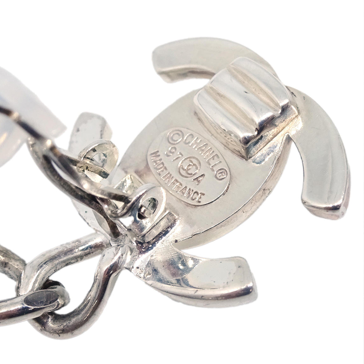 Luxury Chanel Dangle Turnlock Earrings Clip-On Silver Rhinestone 97A