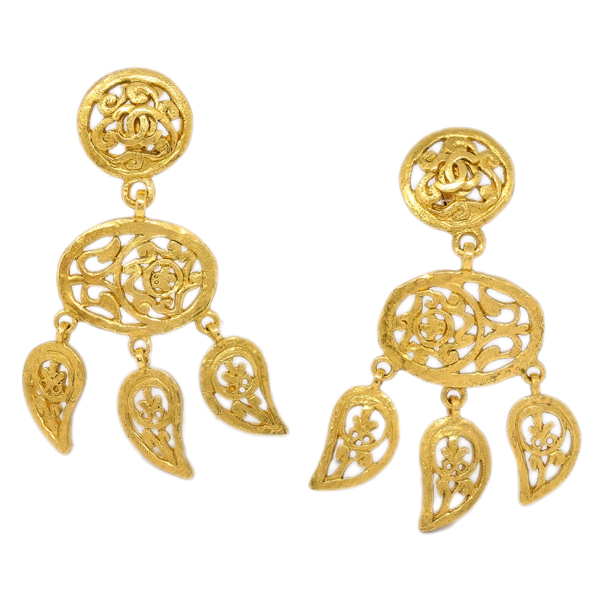 Luxury Chanel Fringe Dangle Earrings Clip-On Gold 95A
