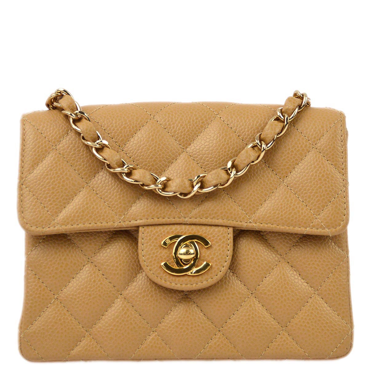 Luxury Chanel 2003-2004 Beige Caviar Mini Classic Square Flap Shoulder Bag 17