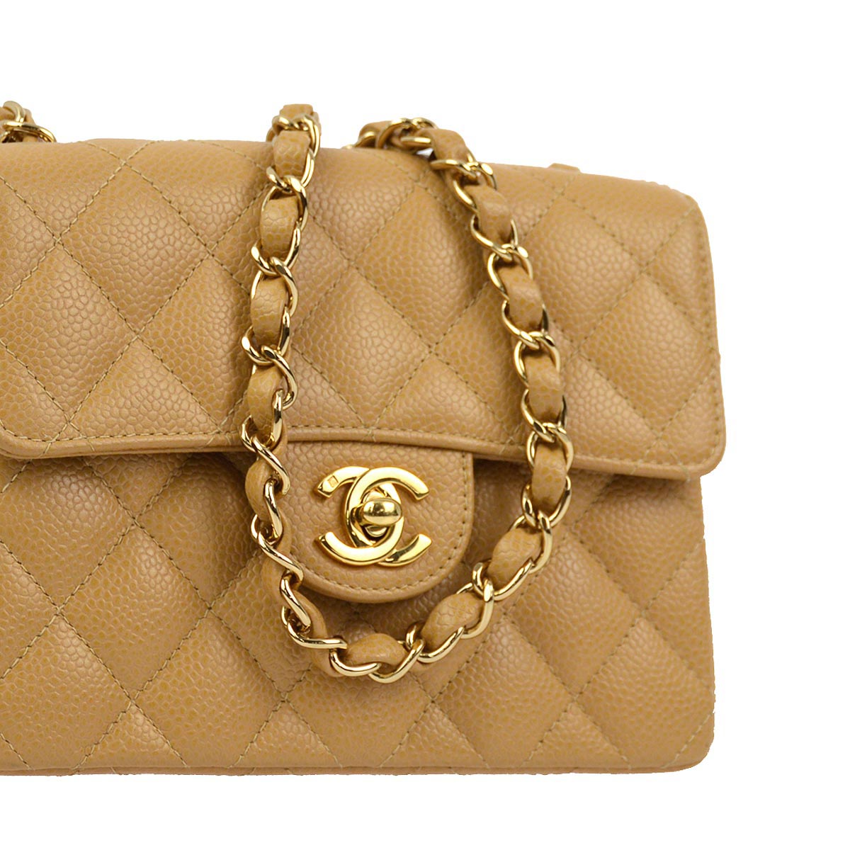 Luxury Chanel 2003-2004 Beige Caviar Mini Classic Square Flap Shoulder Bag 17