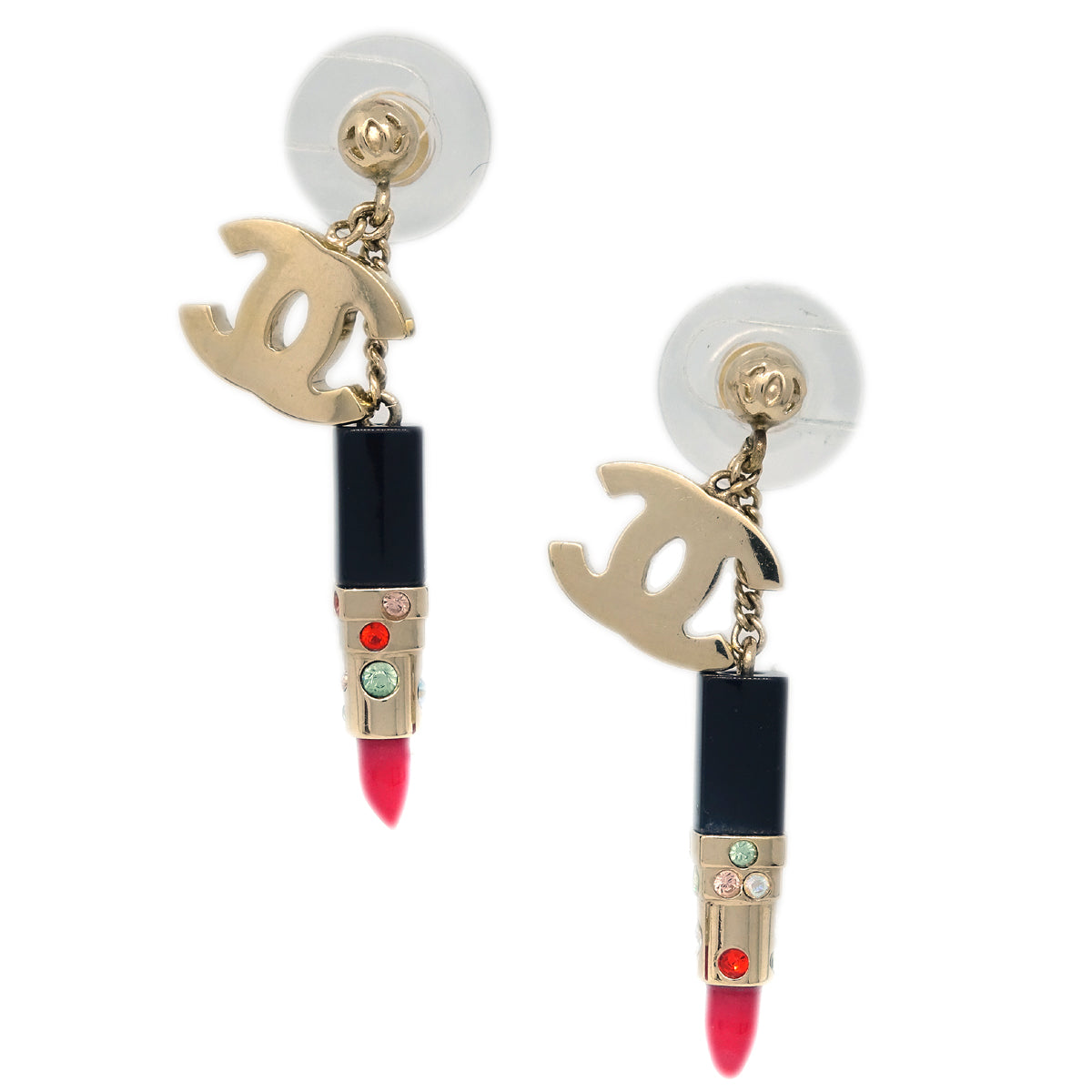 Luxury Chanel Lipstick Dangle Piercing Earrings Rhinestone Gold 04A