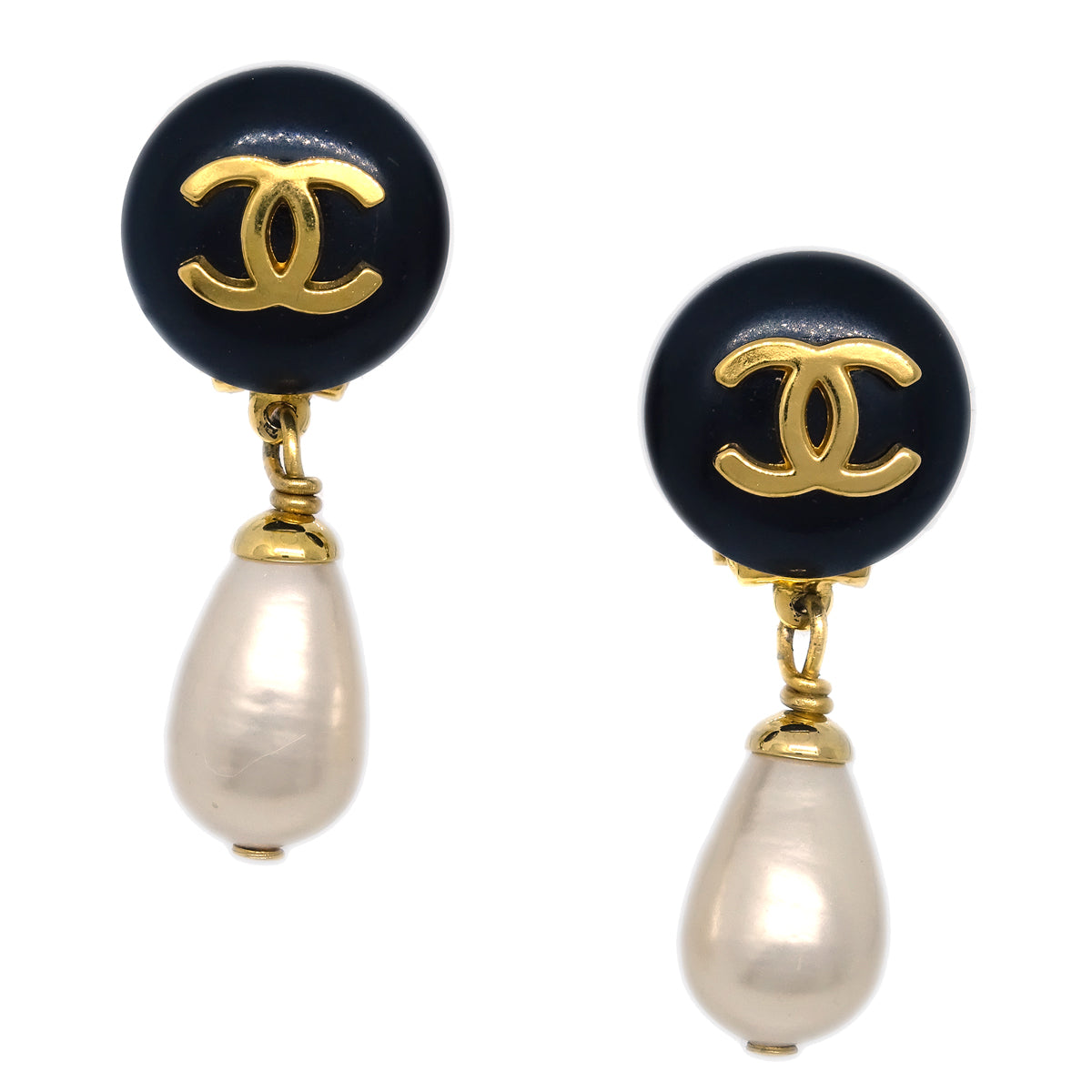 Luxury Chanel Artificial Pearl Dangle Earrings Clip-On Gold 95A