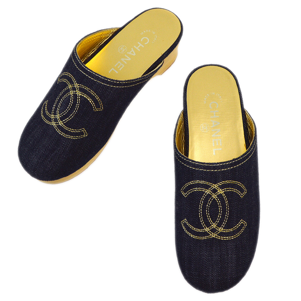 Luxury Chanel Navy Denim Sabot Shoes Sandals #35