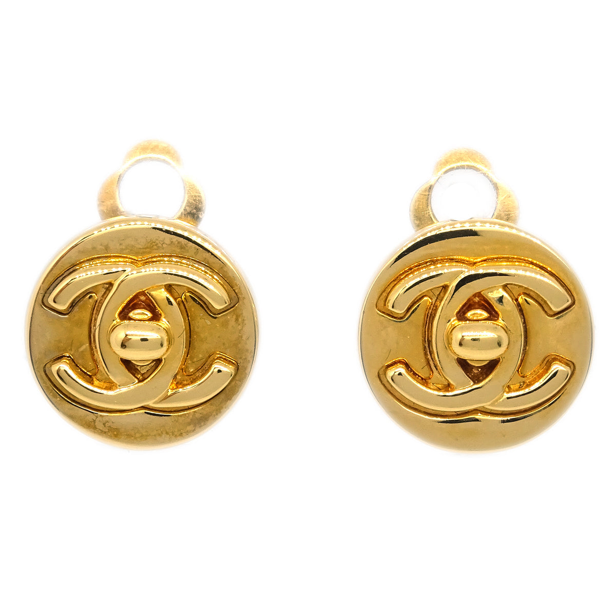 Luxury Chanel CC Turnlock Button Earrings Gold Clip-On 97A