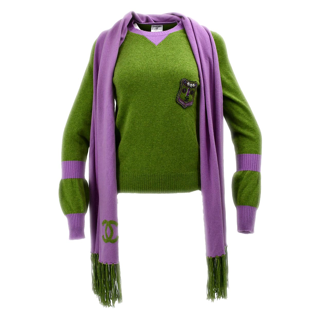 Luxury Chanel Sweater Scarf Set Green 07A #38