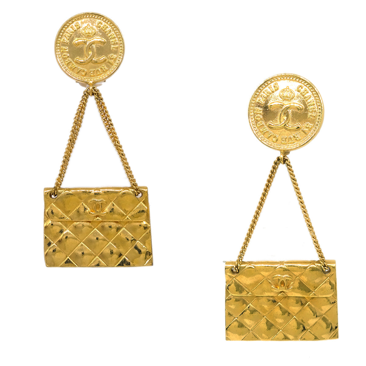 Luxury Chanel Gold Bag Dangle Earrings Clip-On 28