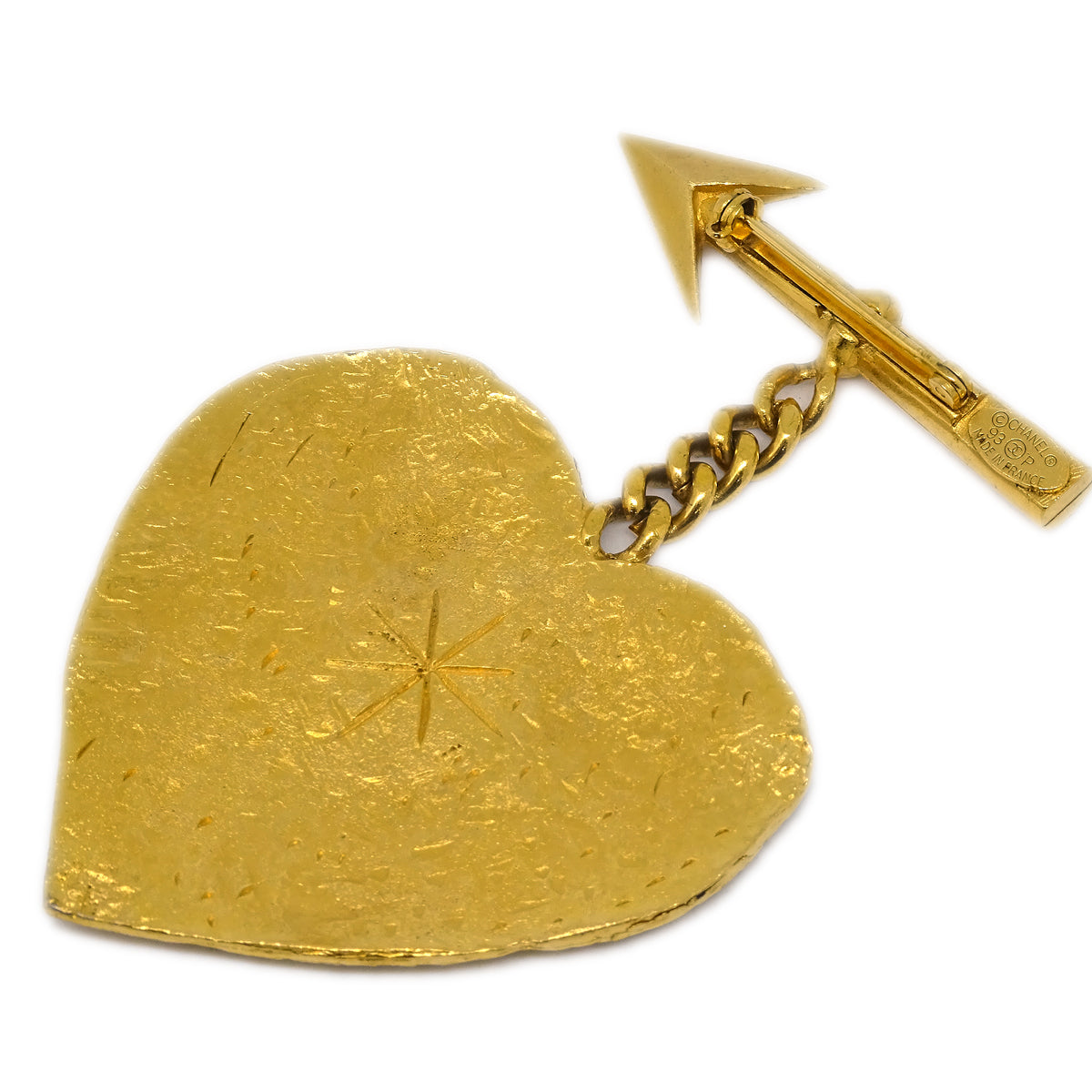 Luxury Chanel Bow And Arrow Heart Brooch Pin Gold 93P